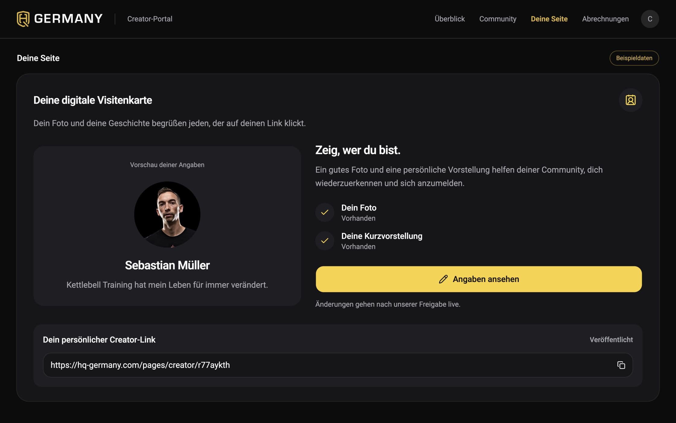Creator-Seite im Portal mit Profilvorschau und persönlichem Link.